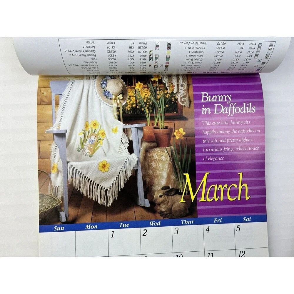 Calendar Cross Stitch 12 Patterns 1994 Rose Cat Daffodil Ballerina Car USA Bear